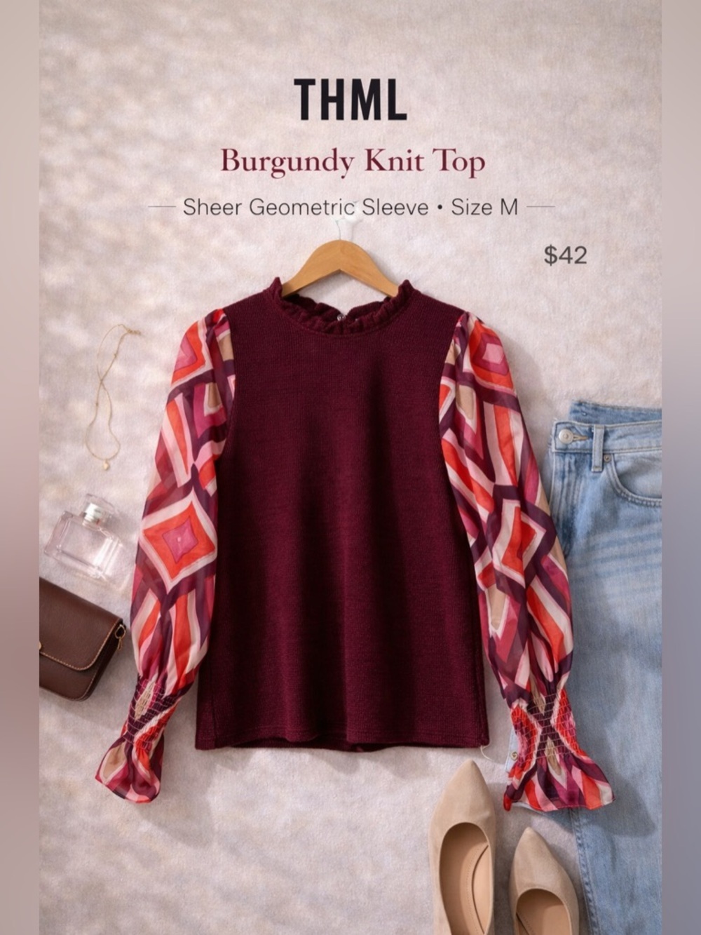 THML Burgundy Knit Top with Sheer Geometric Sleeve Size M